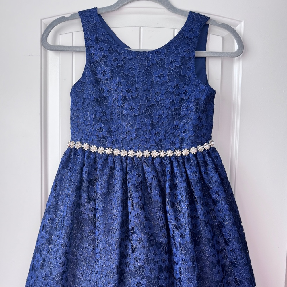 American Princess Royal Blue Lace Dress with Pearl Accent